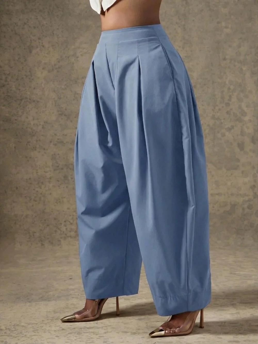 Dusty Blue Casual Women's High Waist Pleated Detail Barrel Leg Office Pants